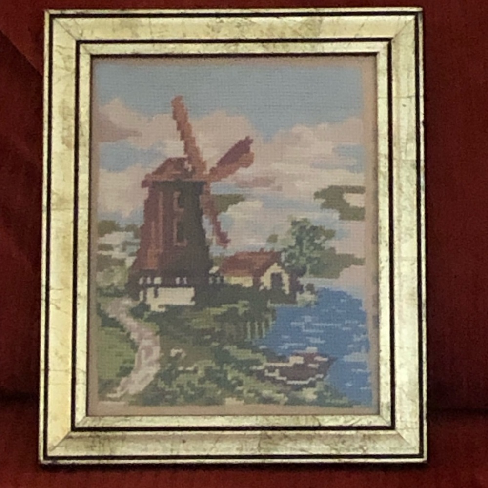 Framed Cross-Stitch Dutch Windmill Landscape in Soft Pastels
